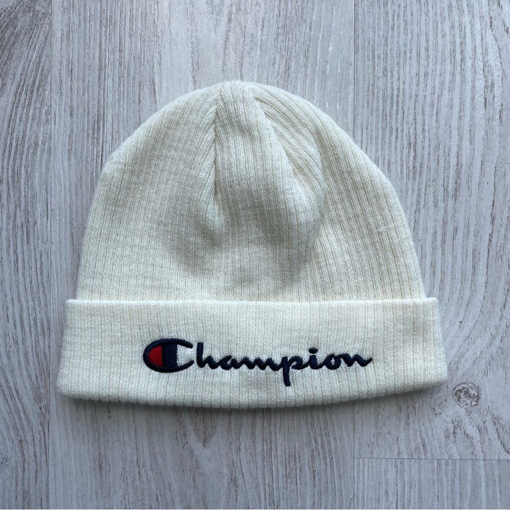 Champion white off-white cream ivory toque beanie hat one size folded with logo